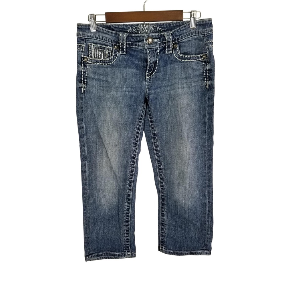 Maurices Premium Denim Capri Jeans Med Wash Sequin Contrast Stitch Size 5/6 Y2K